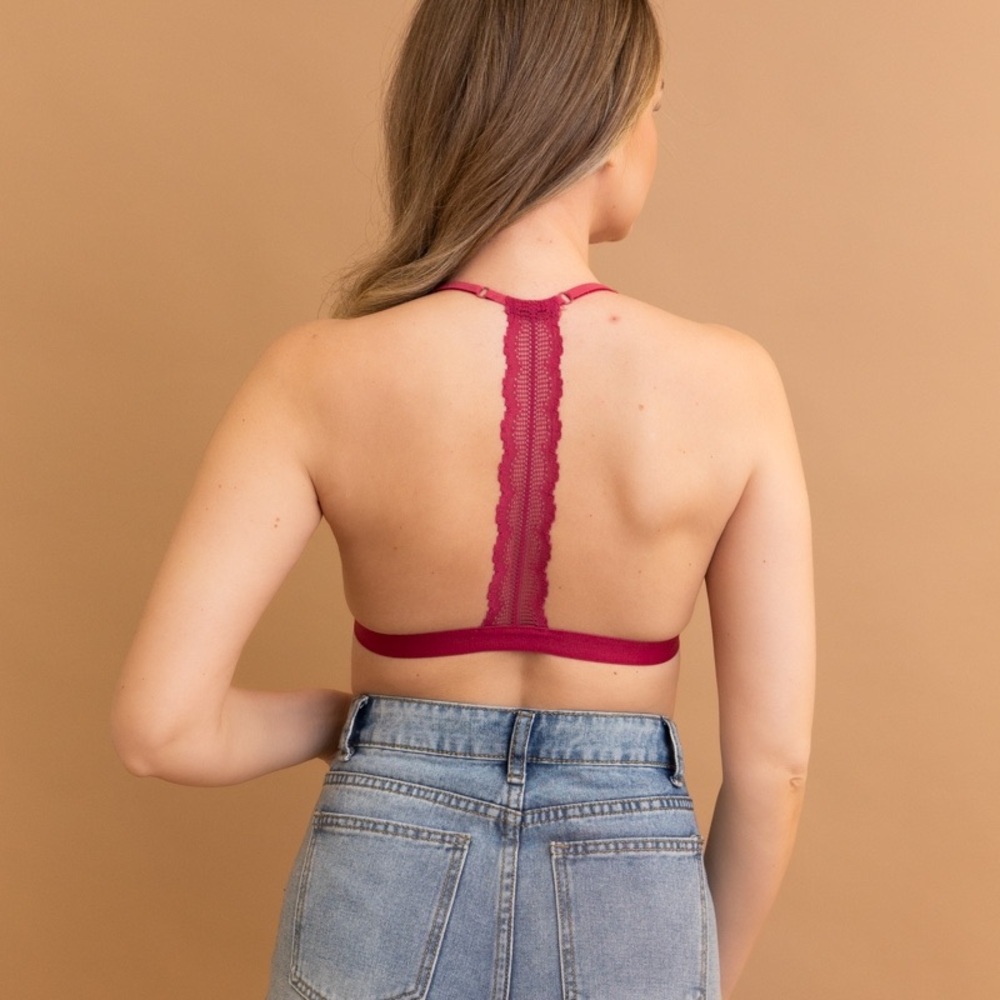 Lace T-Strap Back Plunge Bralette – Strappy Deep V Lingerie Bra Crop Top NWT - Picture 2 of 4